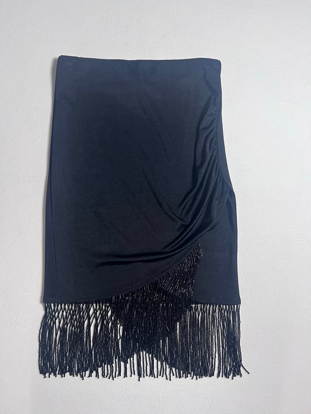 SAM USA Black Beaded Fringe Skirt Small Draped Asymmetrical Y2K Evening